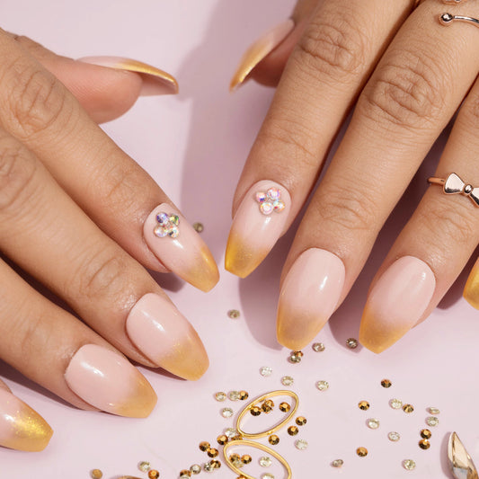 Rhinestone Golden Chrome and Diamond Press-On Nails Set