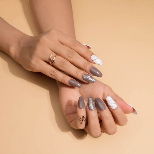 Nude Marble and Foil Art Holographic Press-On Nails Set