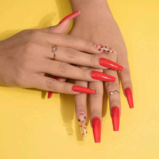 Clear nail art - Red Butterfly Fake Nails Set