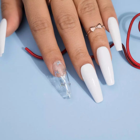 Clear nail art - white Butterfly Fake Nails Set
