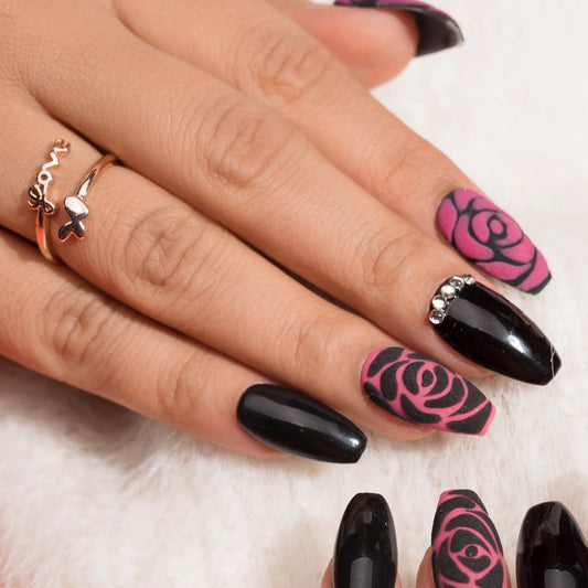 Rhinestone Elegant Black And Pink 3D Rose Reusable Press-On Nails Set