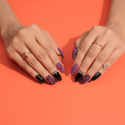 Rhinestone Elegant Black And Pink 3D Rose Reusable Press-On Nails Set
