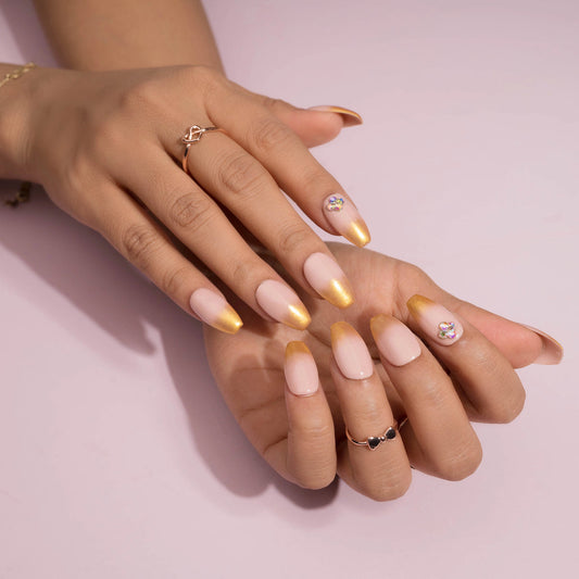 Rhinestone Golden Chrome and Diamond Press-On Nails Set