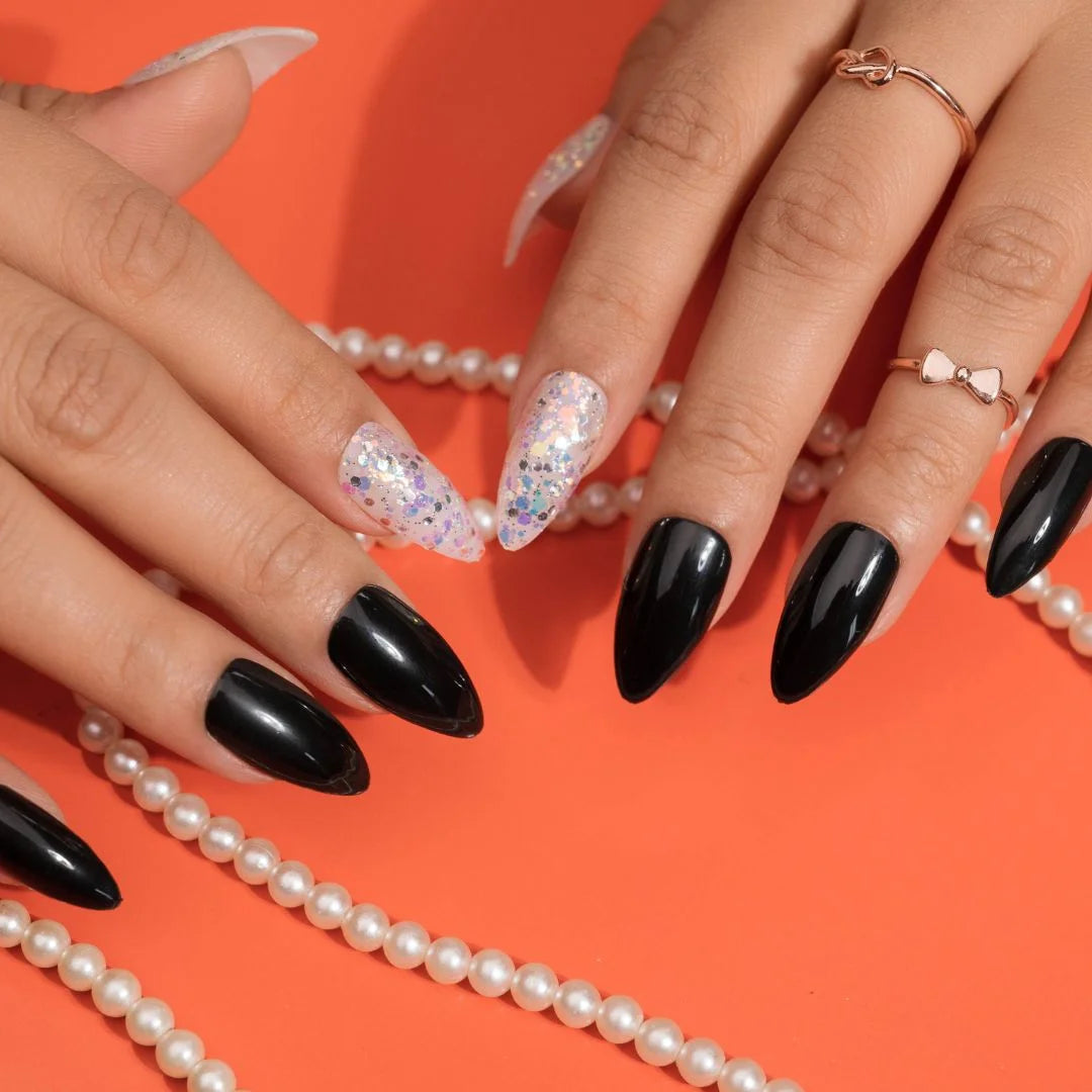 Glossy Black Glitter Press-on Nails Set