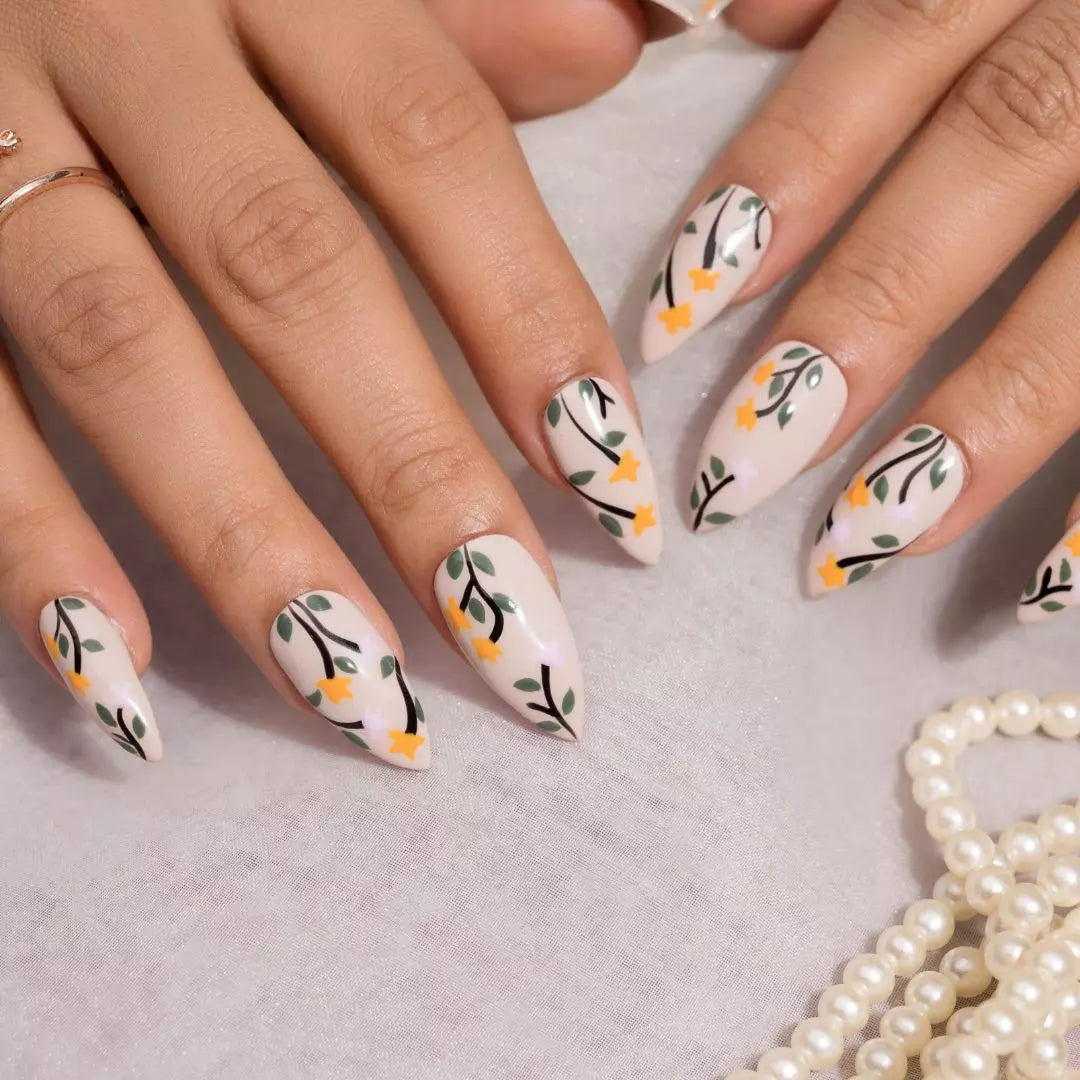Hand painted Floral Nude Press-On Nails Set