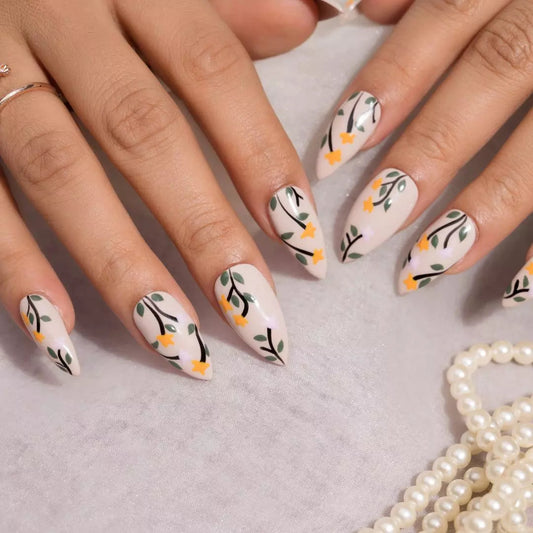 Hand painted Floral Nude Press-On Nails Set