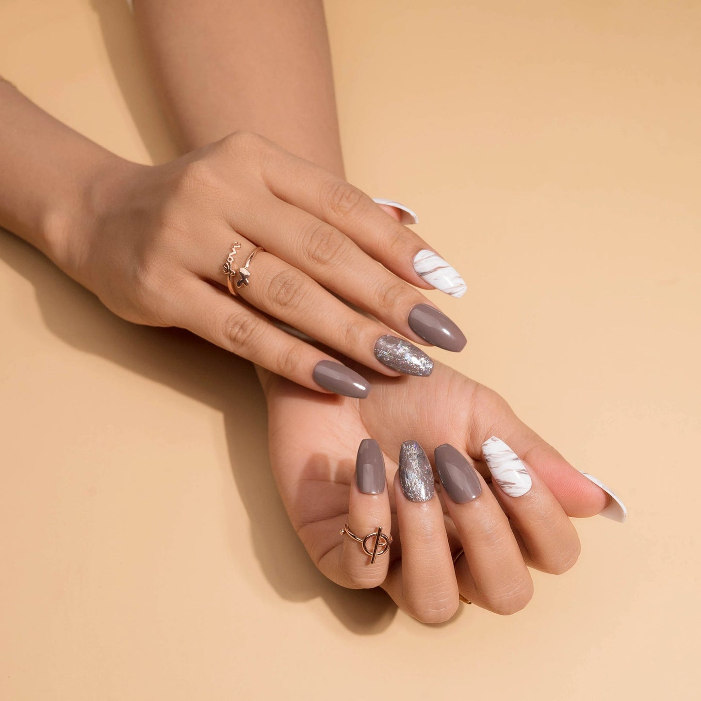 Nude Marble and Foil Art Holographic Press-On Nails Set