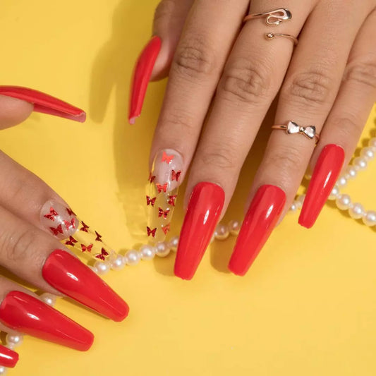 Clear nail art - Red Butterfly Fake Nails Set