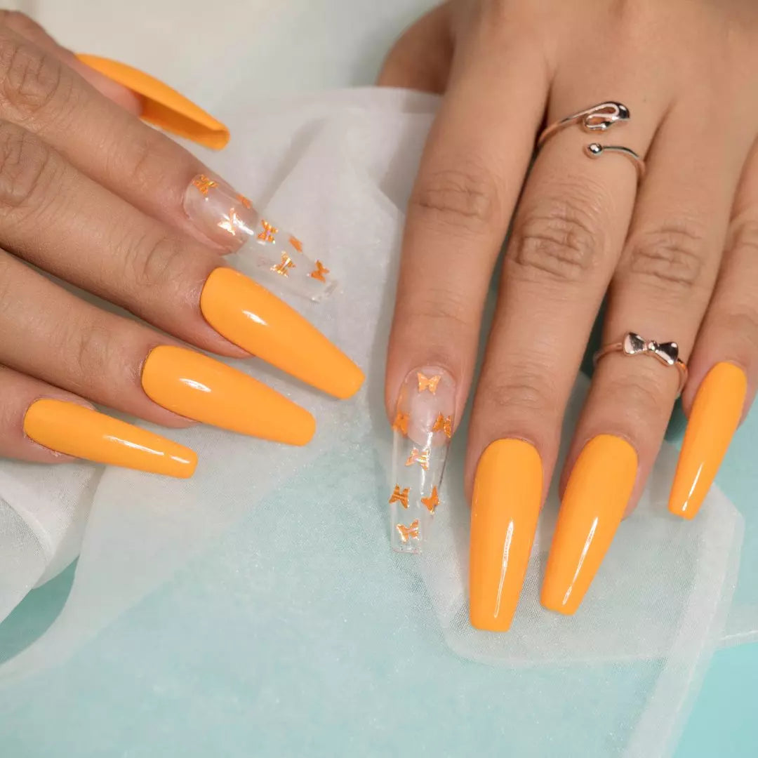 Clear Nail Art – Orange Butterfly Fake Nails Set