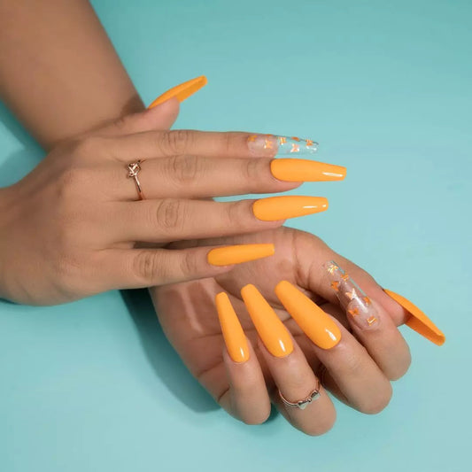 Clear Nail Art – Orange Butterfly Fake Nails Set