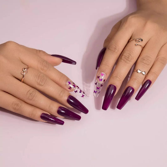 Clear Nail Art – Burgundy Butterfly Fake Nails Set