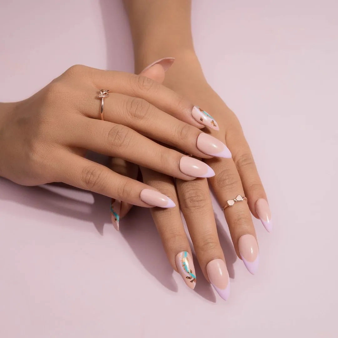 Purple French Nails with foil Press-On Nails Set
