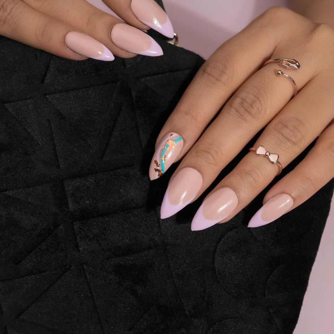 Purple French Nails with foil Press-On Nails Set