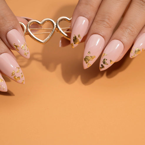 Pink Nails Gold Foil French Tips Presson Nails Set
