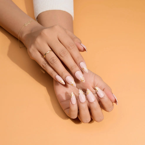 Pink Nails Gold Foil French Tips Presson Nails Set