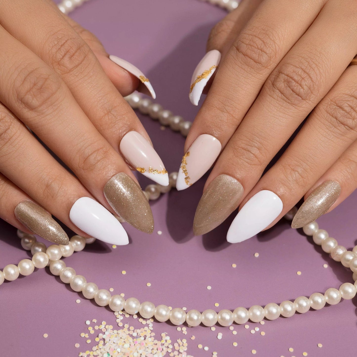 White Gold Foil Press-on Nails Set