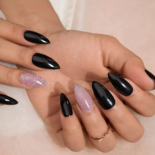 Glossy Black Reflective Glitter Press-on Nails Set