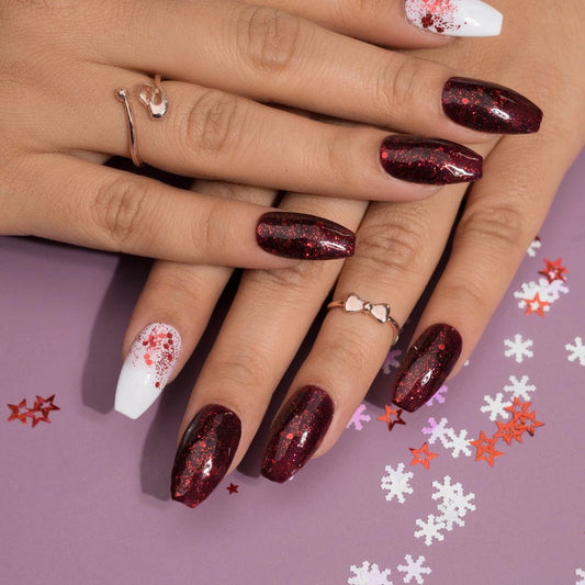Red and White Glitter Presson Nails Set